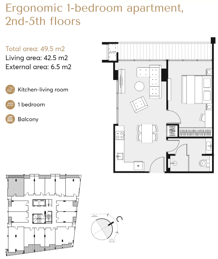 Apartament 1 Sypialnia 42.5m2 | 49,5 m2 z balkonem