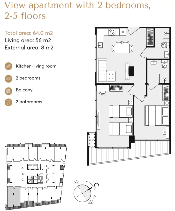 Apartament 2 Sypialnie 56m2 | 64 m2 z balkonem